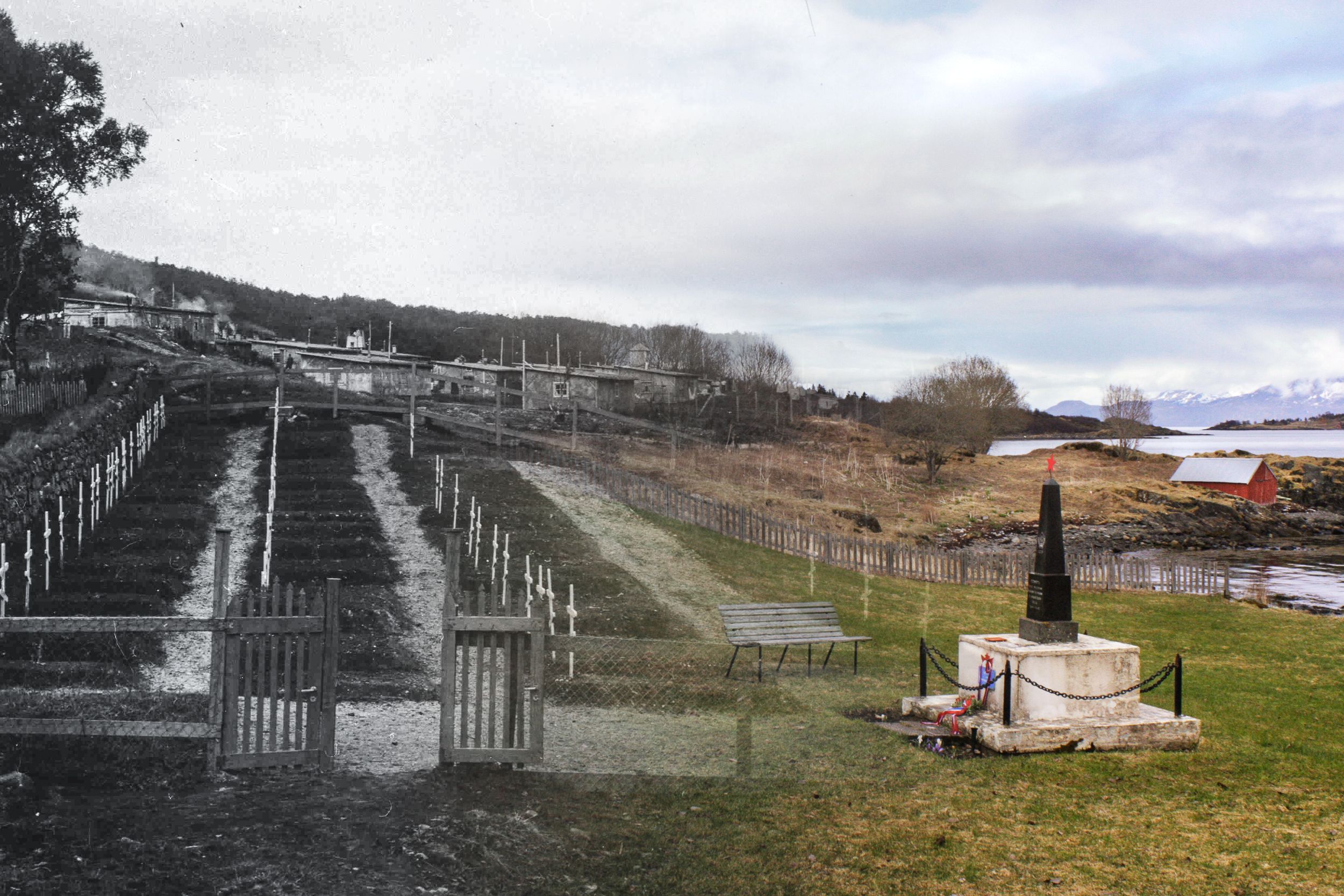 Russefangeleiren på Trondenes, en sammensetning av gammelt og nytt foto.